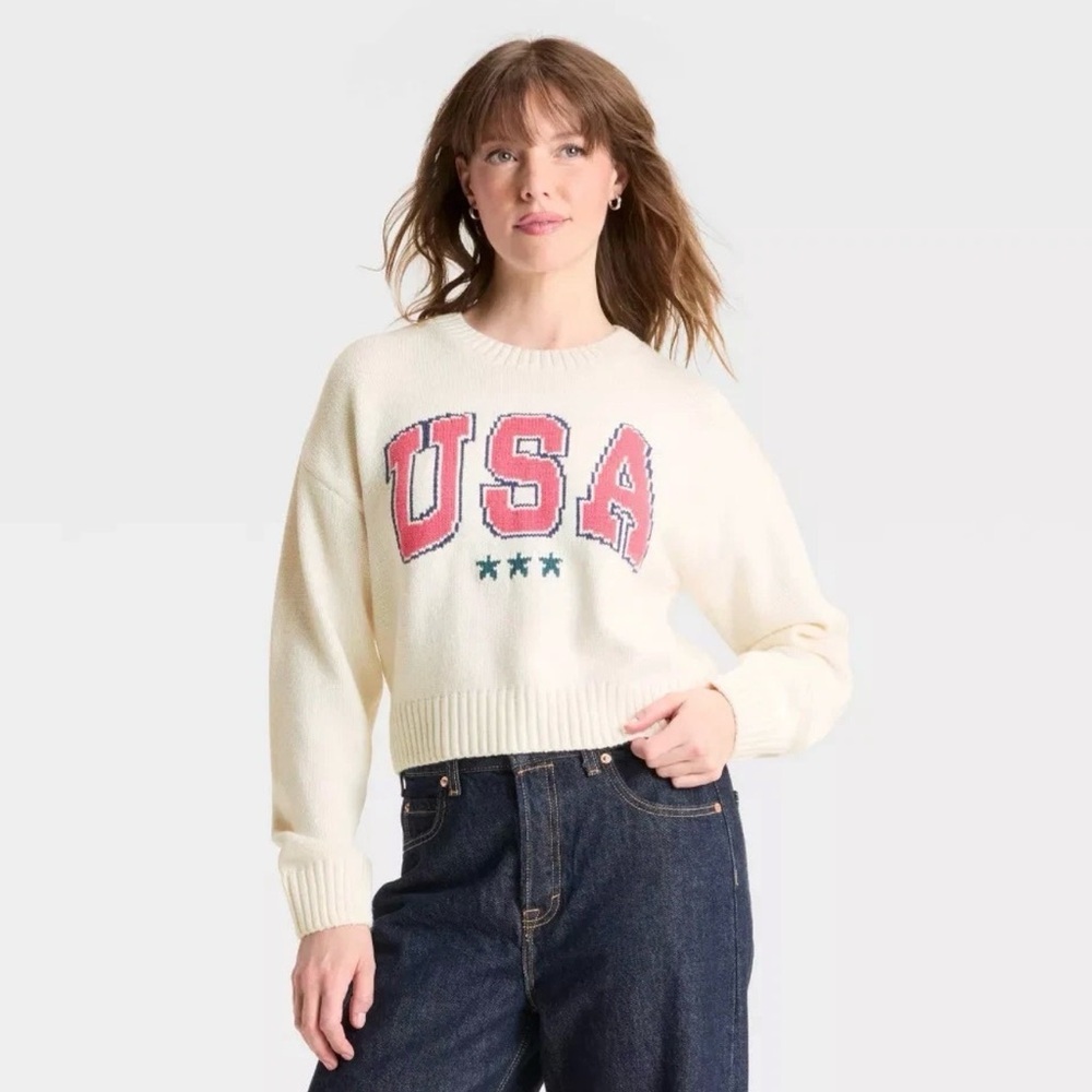 Grayson Threads USA Graphic Cream Cable Knit Cropped Sweater Large - Picture 2 of 6